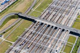Aerial image of Channel Tunnel complex in Folkestone, UK