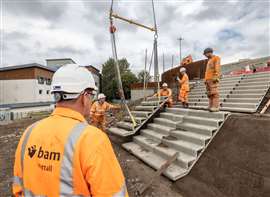 UK contractor BAM Nuttall installed the UK's first 3D-printed staircase to a bridge across the M8 in Glasgow in 2022, using elements printed by Weber Saint Gobain