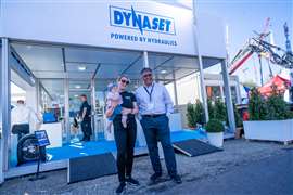 Anni Karppinen, with her 1-year-old at Bauma 2022 in Munich, Germany, alongside Abhay Kaskebar from DCS Techno Services.