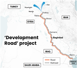 Map showing the proposed route of the road and rail link between Iraq and Turkey