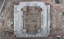 A drone image of construction work at Everton FC's Bramley Moore Dock stadium in Liverpool, UK