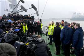 Germany's Chancellor Olaf Scholz speaks to the media at the opening of a floating LNG terminal in Wilhelmshaven, constructed within months by the end of 2022