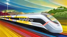 An illustration showing the Brightline West high-speed train with the Hollywood sign in the background.
