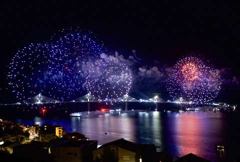 Fireworks over Peljesac Bridge in Croatia
