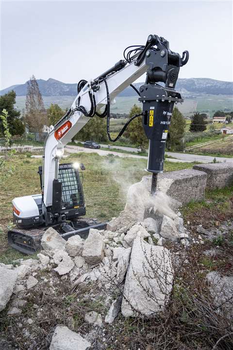 Bobcat R2-Series E88 mini excavator with a hammer attachment