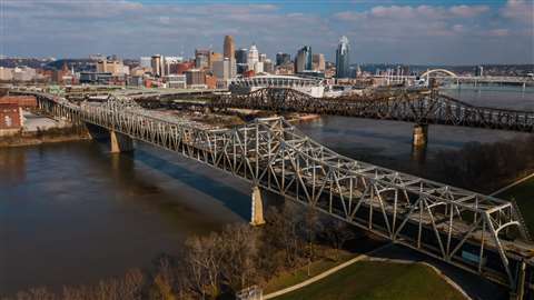 An aerial view of the Brent Spence truss bridge over the Ohio River while it was closed for repairs