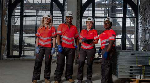 Four Laing O'Rourke employees - three women and one man - wear a new range of inclusive Laing O'Rourke workwear.