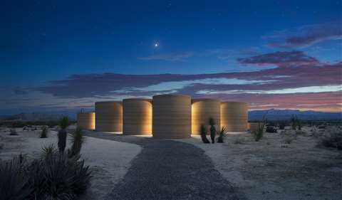 A rendering of how the El Cosmico 3D-printed hotel in Marfa, Texas, will look 