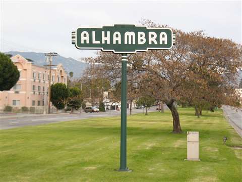 A sign reading 'Alhambra' for the City of Alhambra in California